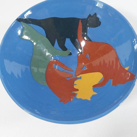 Pottery Cat Bowl Silhouette Artist Marking Vintage 6" Wide - Picture 7 of 8